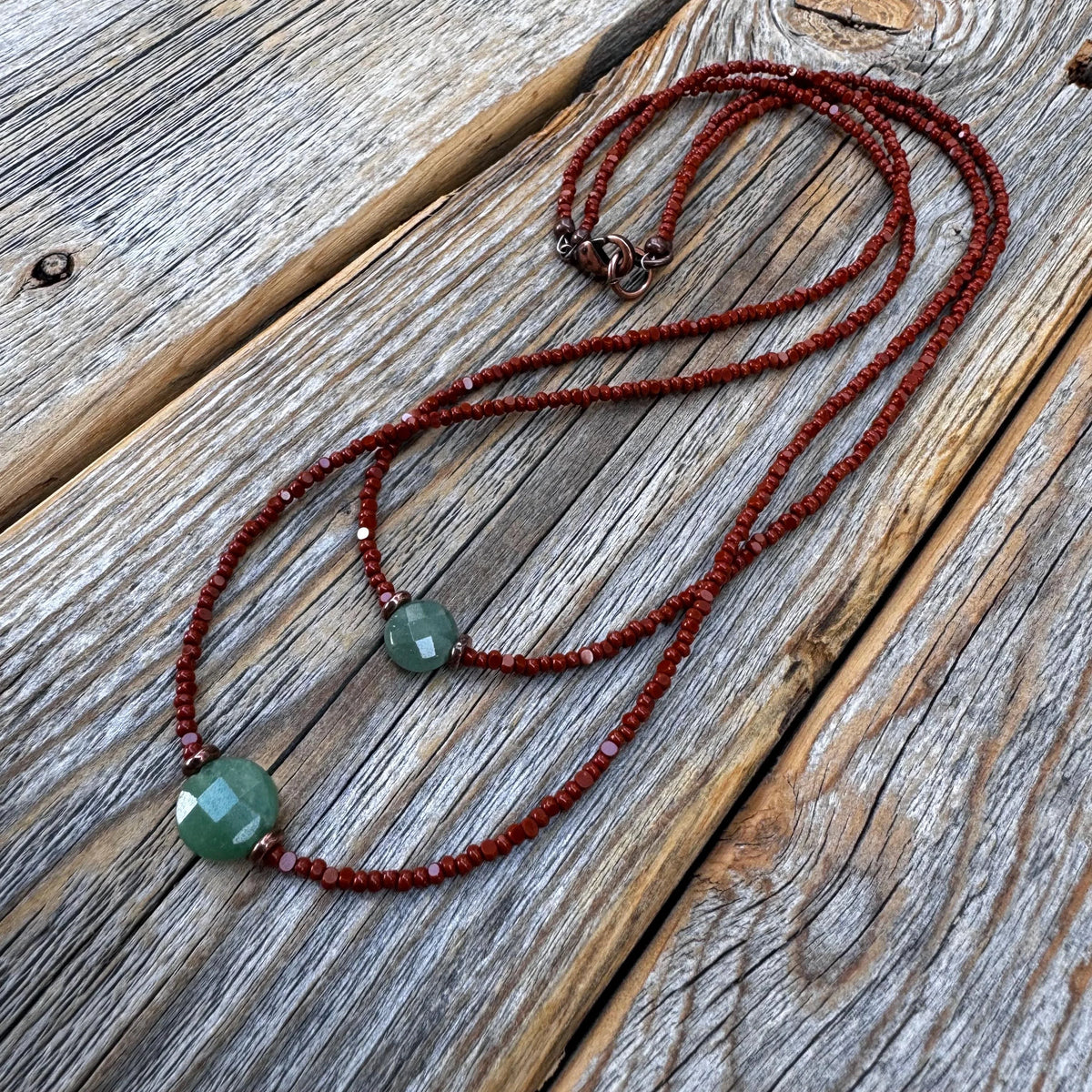 Aventurine Beaded Layering Necklace, Czech Glass, Handmade