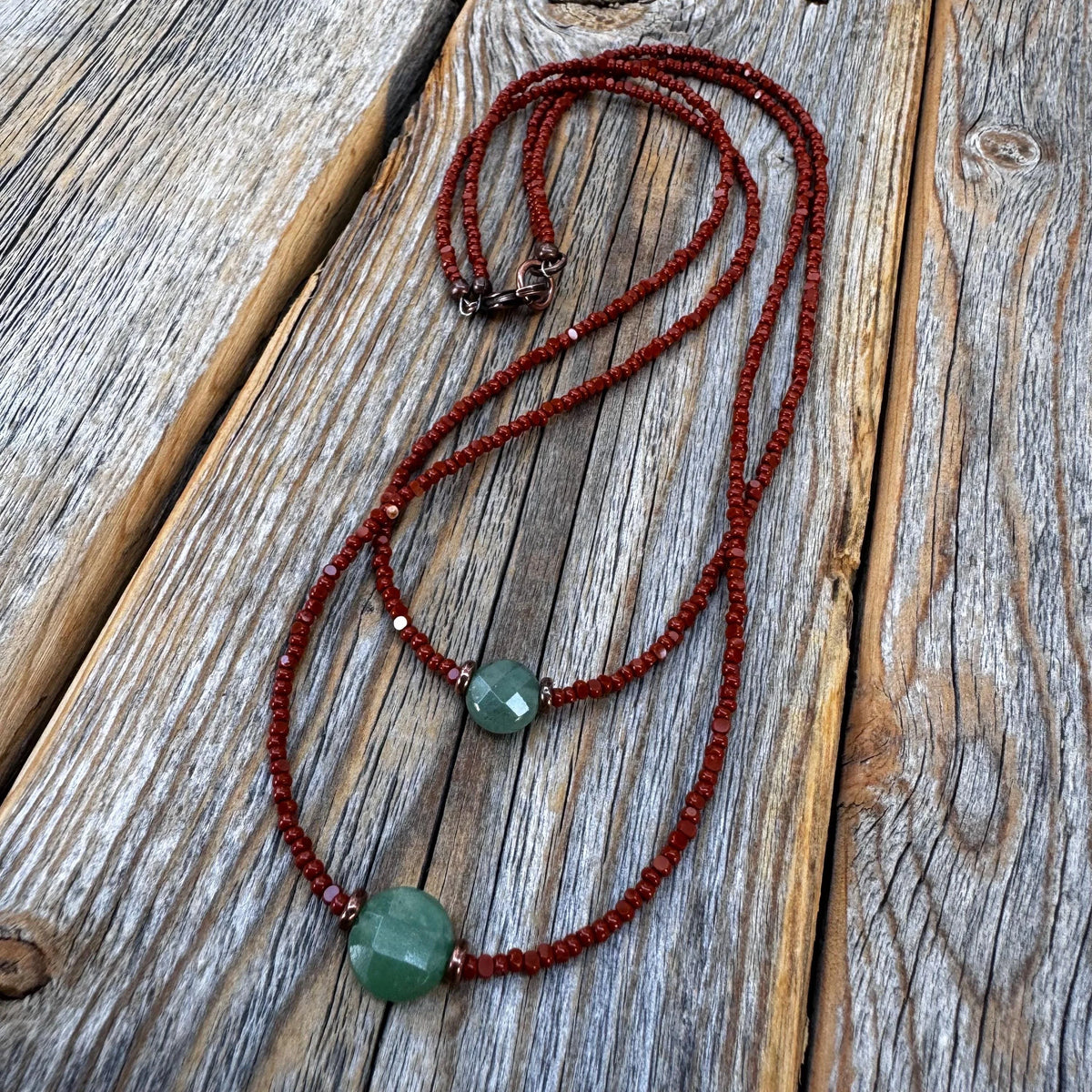 Aventurine Beaded Layering Necklace, Czech Glass, Handmade