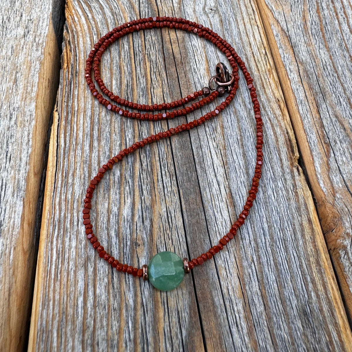 Aventurine Beaded Necklace – Handmade Boho Copper Clasp Jewelry
