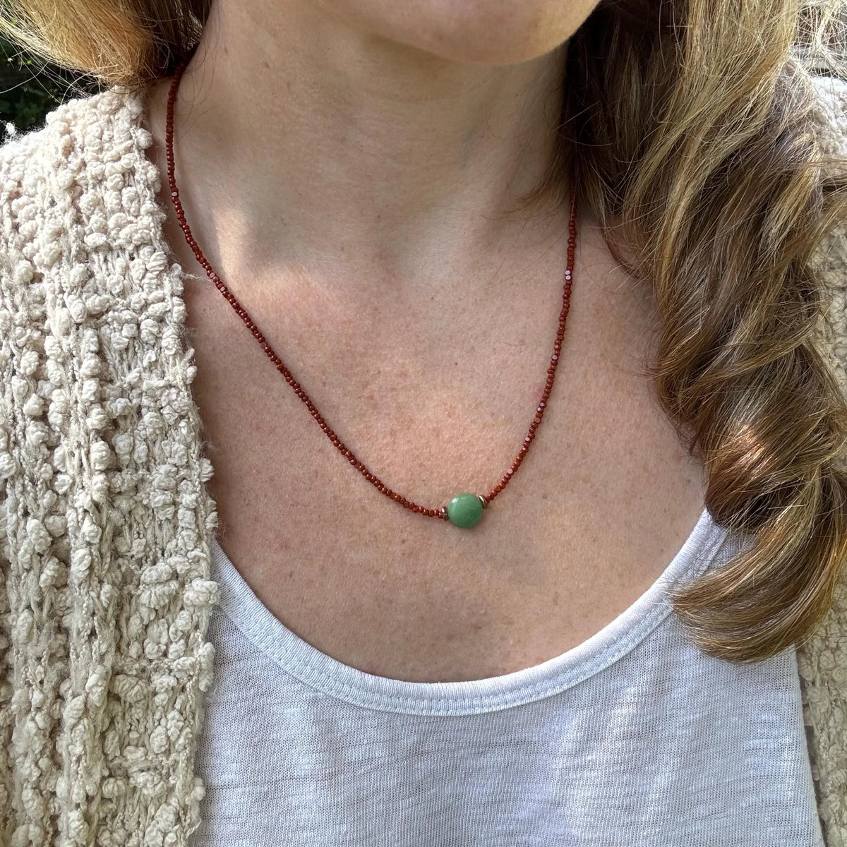 Aventurine Beaded Necklace – Handmade Boho Copper Clasp Jewelry