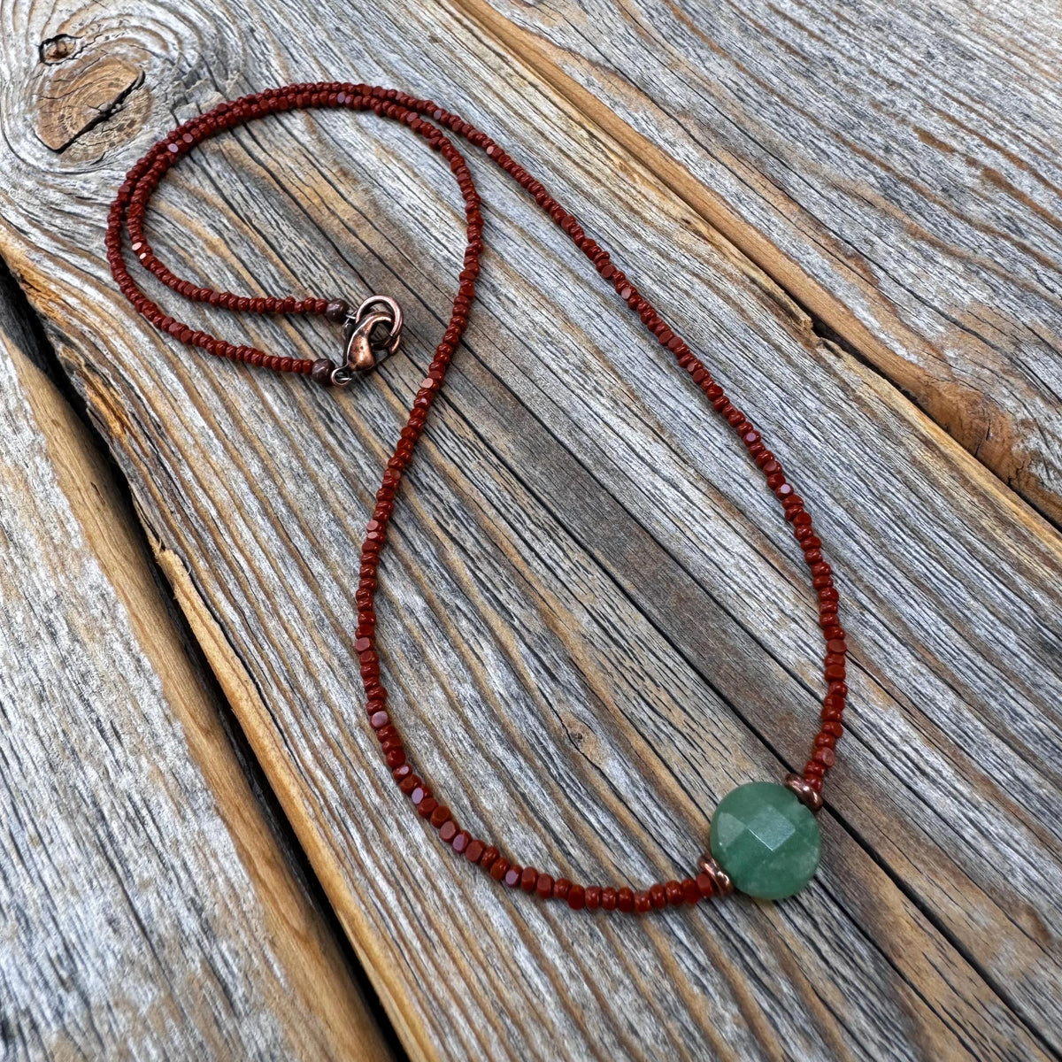 Aventurine Beaded Necklace – Handmade Boho Copper Clasp Jewelry