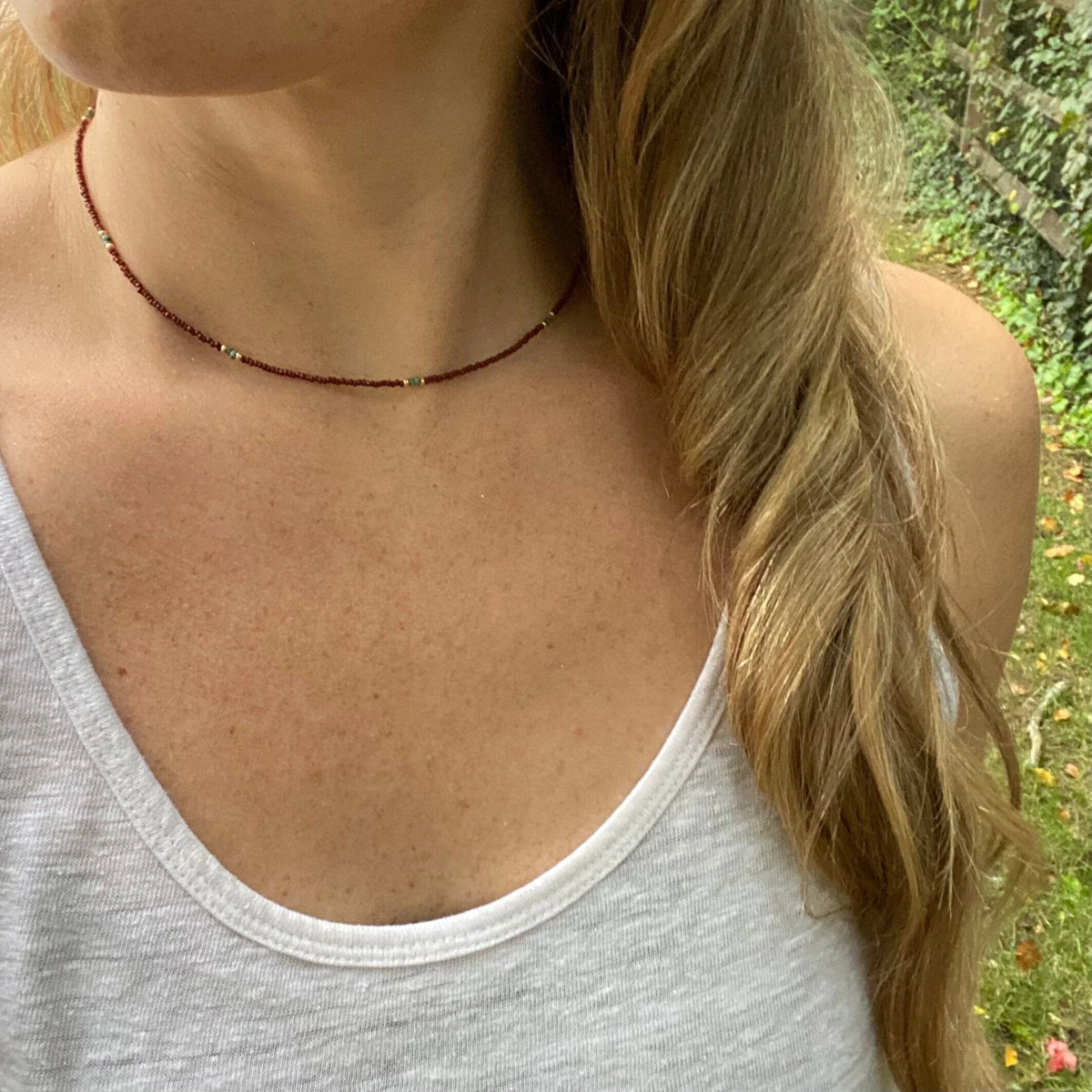Beaded Choker Necklace - Brown, Teal & Gold Seed Bead Jewelry