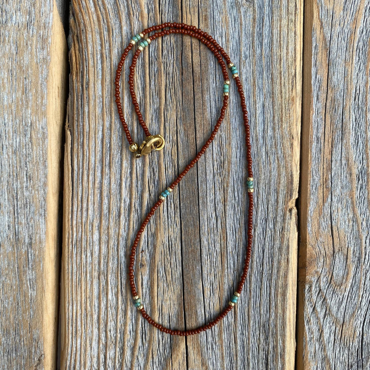 Beaded Choker Necklace - Brown, Teal & Gold Seed Bead Jewelry