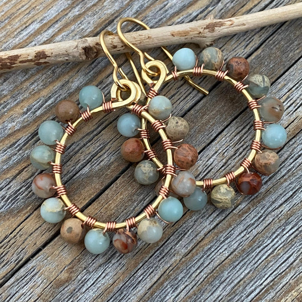 Beaded Earrings, African Opal Earrings, Gold Hoop Earrings, Wirewrapped Earrings, Bohemian Jewelry, Boho Earrings, Pastel Earrings