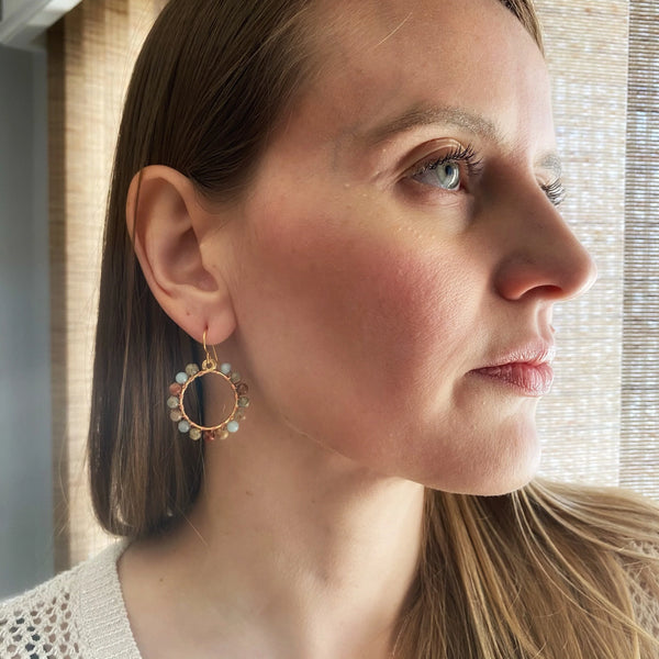 Beaded Earrings, African Opal Earrings, Gold Hoop Earrings, Wirewrapped Earrings, Bohemian Jewelry, Boho Earrings, Pastel Earrings