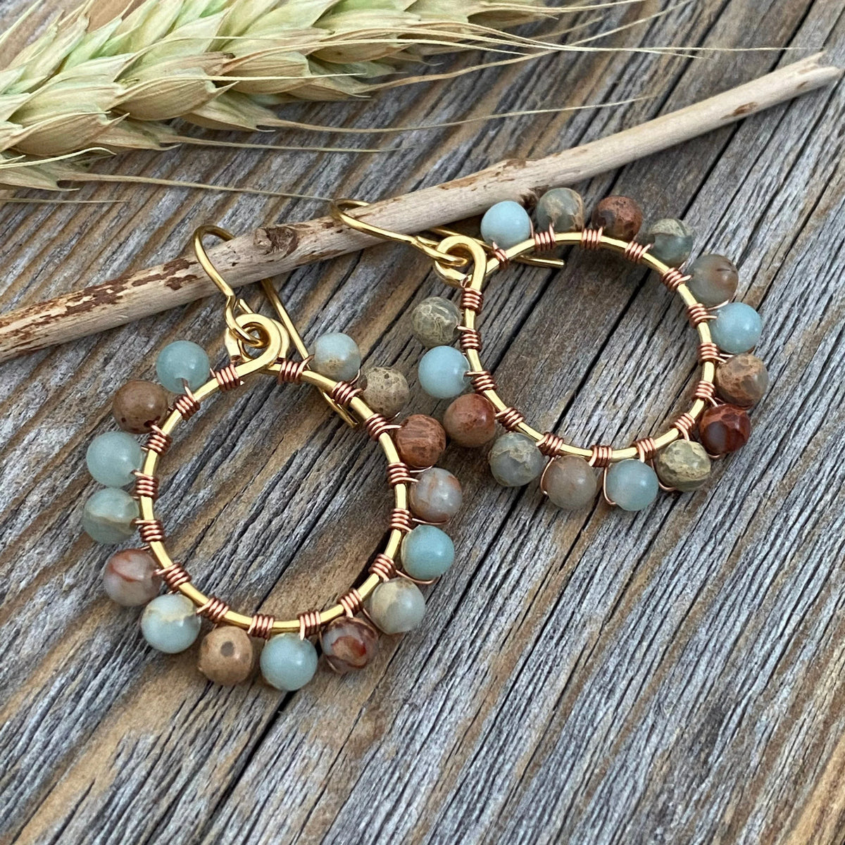 Beaded Earrings, African Opal Earrings, Gold Hoop Earrings, Wirewrapped Earrings, Bohemian Jewelry, Boho Earrings, Pastel Earrings