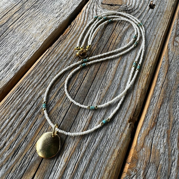 Beaded Layered Necklace, Minimalist Seed Bead Jewelry, Dainty Choker, Round Gold Pendant