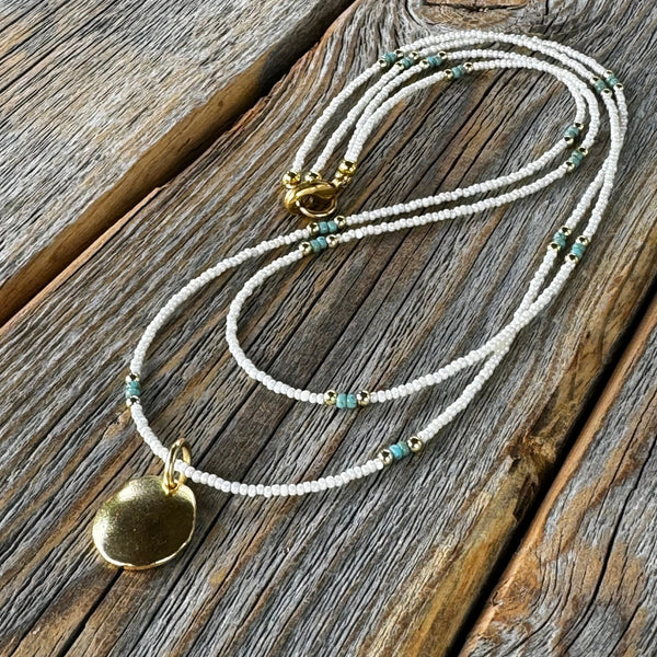 Beaded Layered Necklace, Minimalist Seed Bead Jewelry, Dainty Choker, Round Gold Pendant