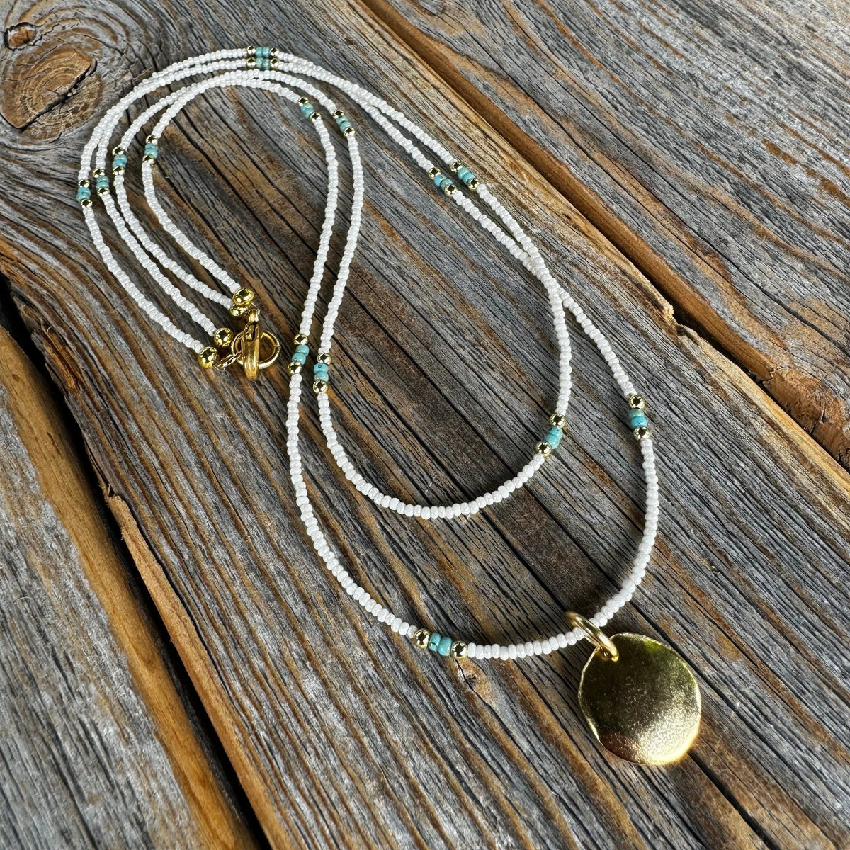 Beaded Layered Necklace, Minimalist Seed Bead Jewelry, Dainty Choker, Round Gold Pendant