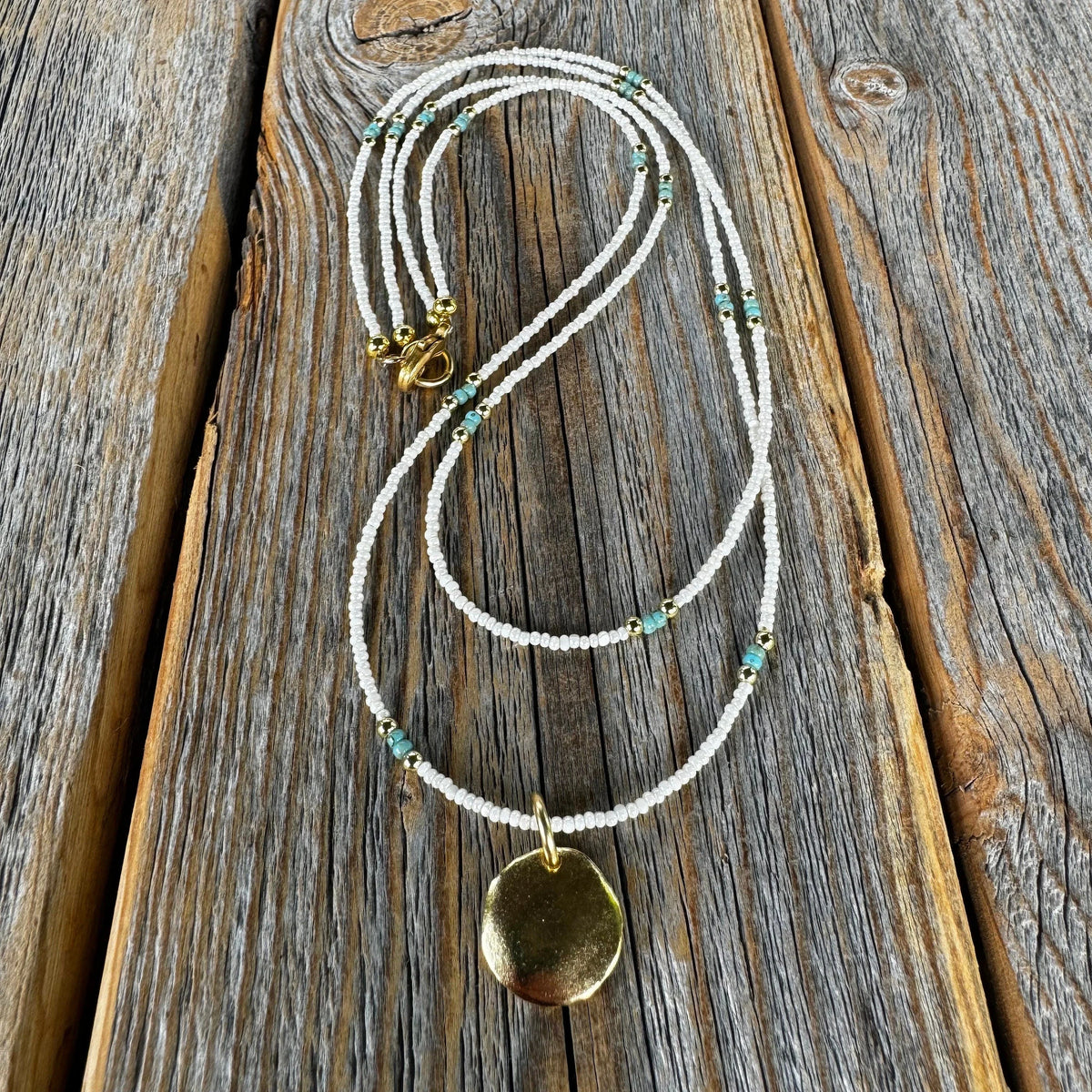 Beaded Layered Necklace, Minimalist Seed Bead Jewelry, Dainty Choker, Round Gold Pendant