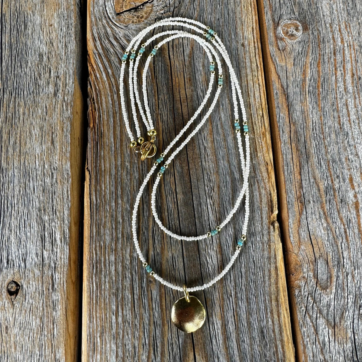 Beaded Layered Necklace, Minimalist Seed Bead Jewelry, Dainty Choker, Round Gold Pendant