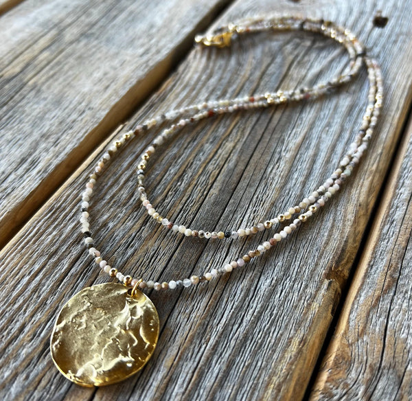 Beaded Layered Necklace – Peruvian Pink Opal, Gold Pendant