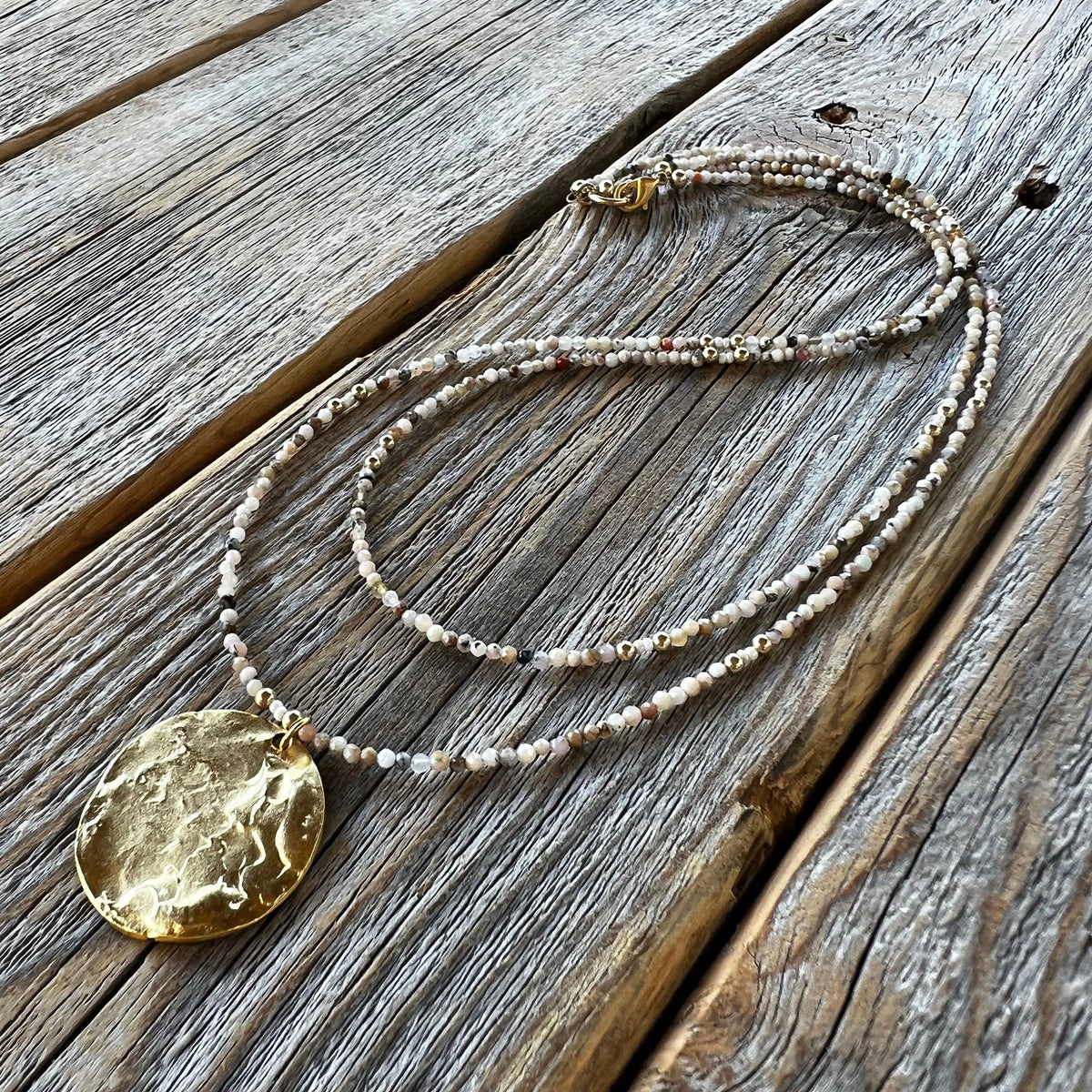 Beaded Layered Necklace – Peruvian Pink Opal, Gold Pendant