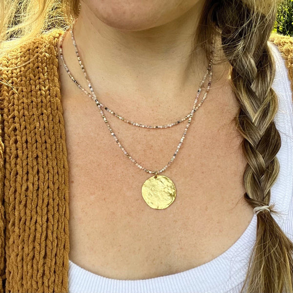Beaded Layered Necklace – Peruvian Pink Opal, Gold Pendant