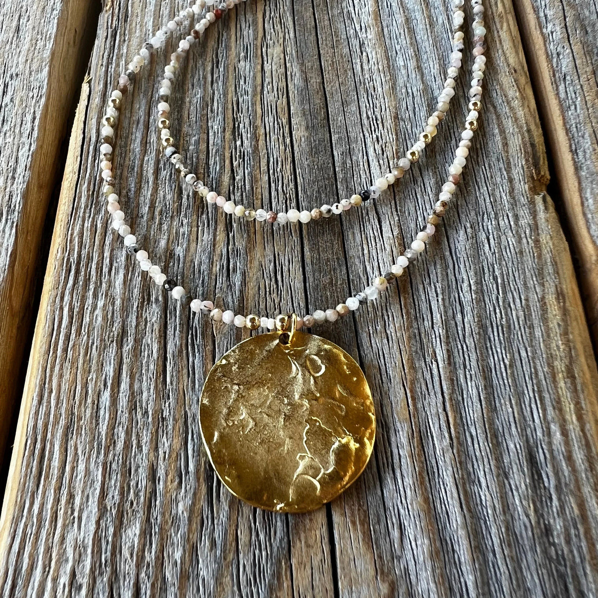 Beaded Layered Necklace – Peruvian Pink Opal, Gold Pendant