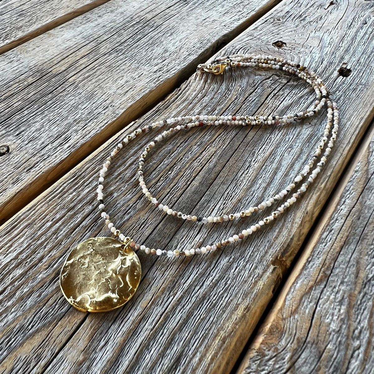 Beaded Layered Necklace – Peruvian Pink Opal, Gold Pendant