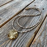 Beaded Layered Necklace – Peruvian Pink Opal, Gold Pendant
