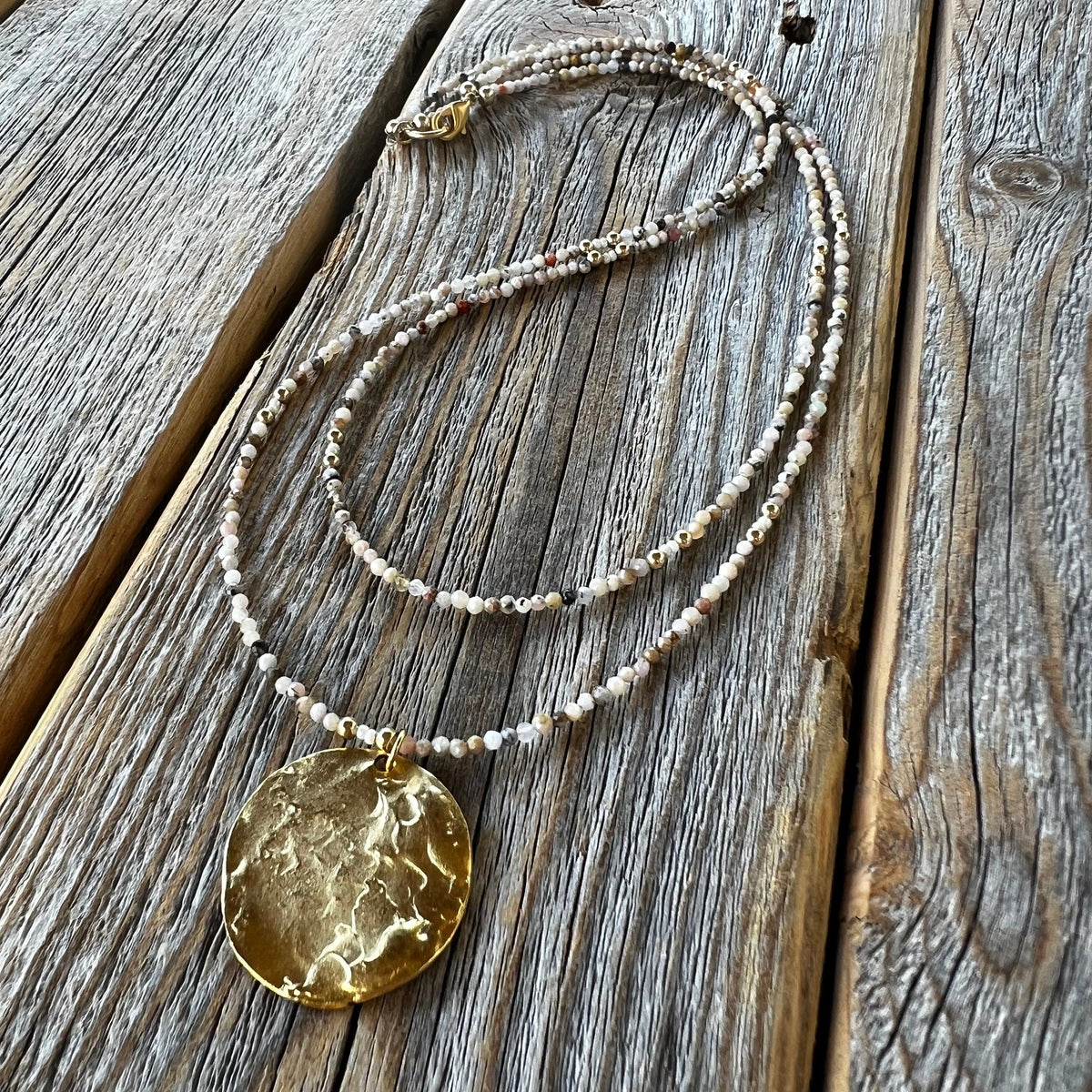 Beaded Layered Necklace – Peruvian Pink Opal, Gold Pendant
