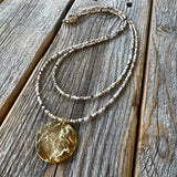 Beaded Layered Necklace – Peruvian Pink Opal, Gold Pendant