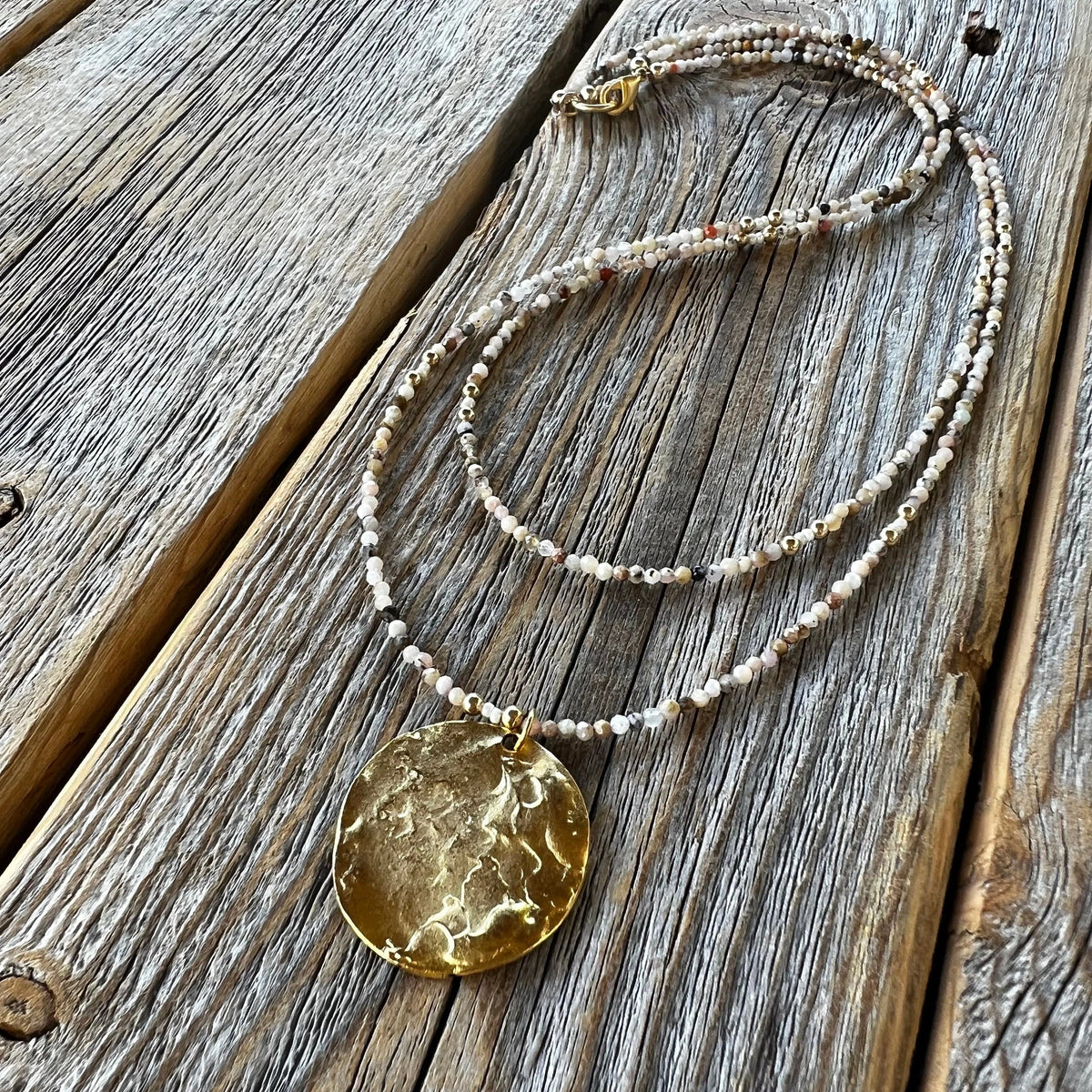Beaded Layered Necklace – Peruvian Pink Opal, Gold Pendant