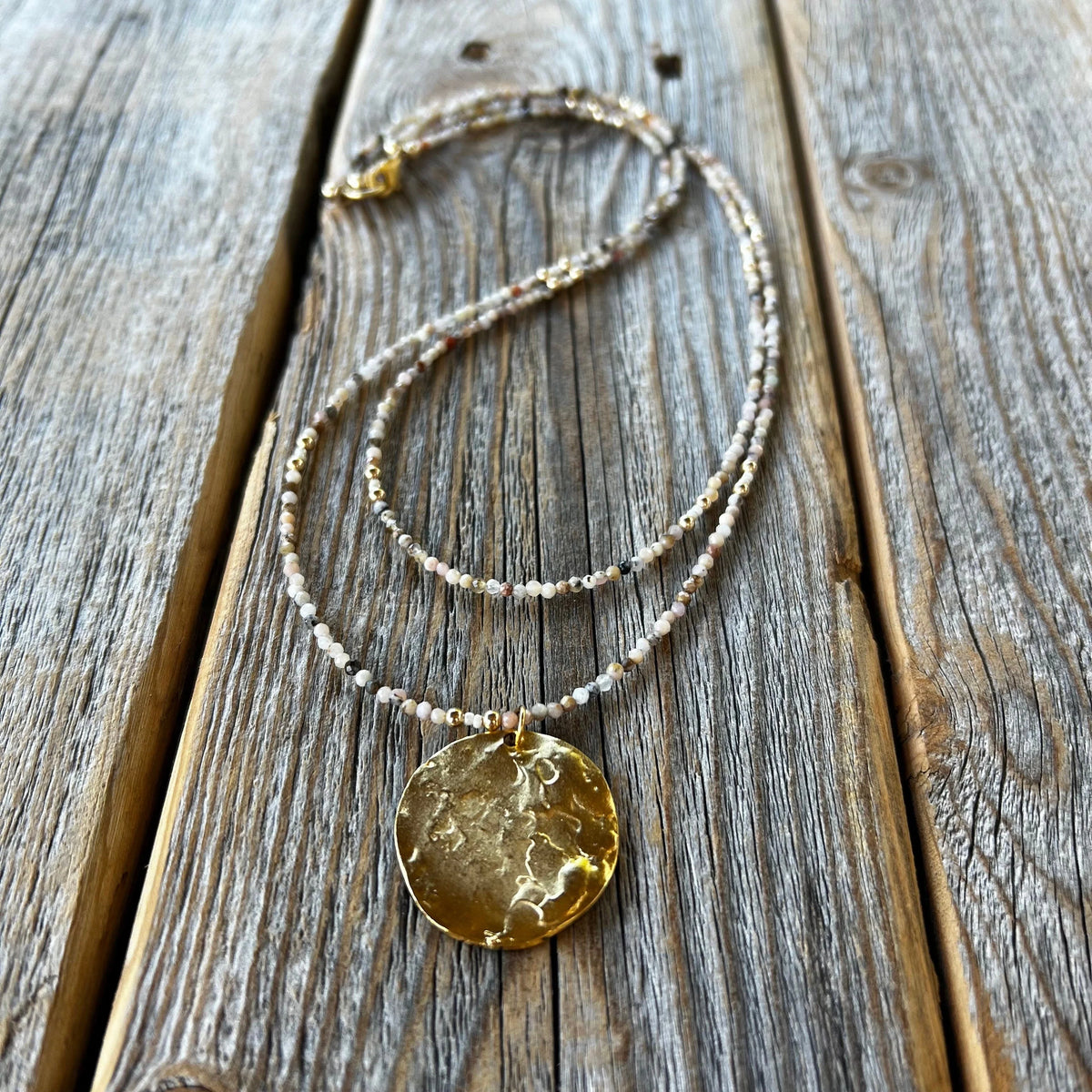 Beaded Layered Necklace – Peruvian Pink Opal, Gold Pendant