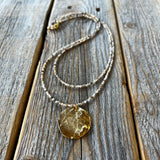Beaded Layered Necklace – Peruvian Pink Opal, Gold Pendant