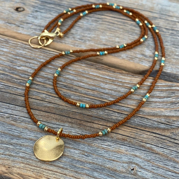 Beaded Layering Necklace – 10K Gold Pendant, Czech Glass Beads