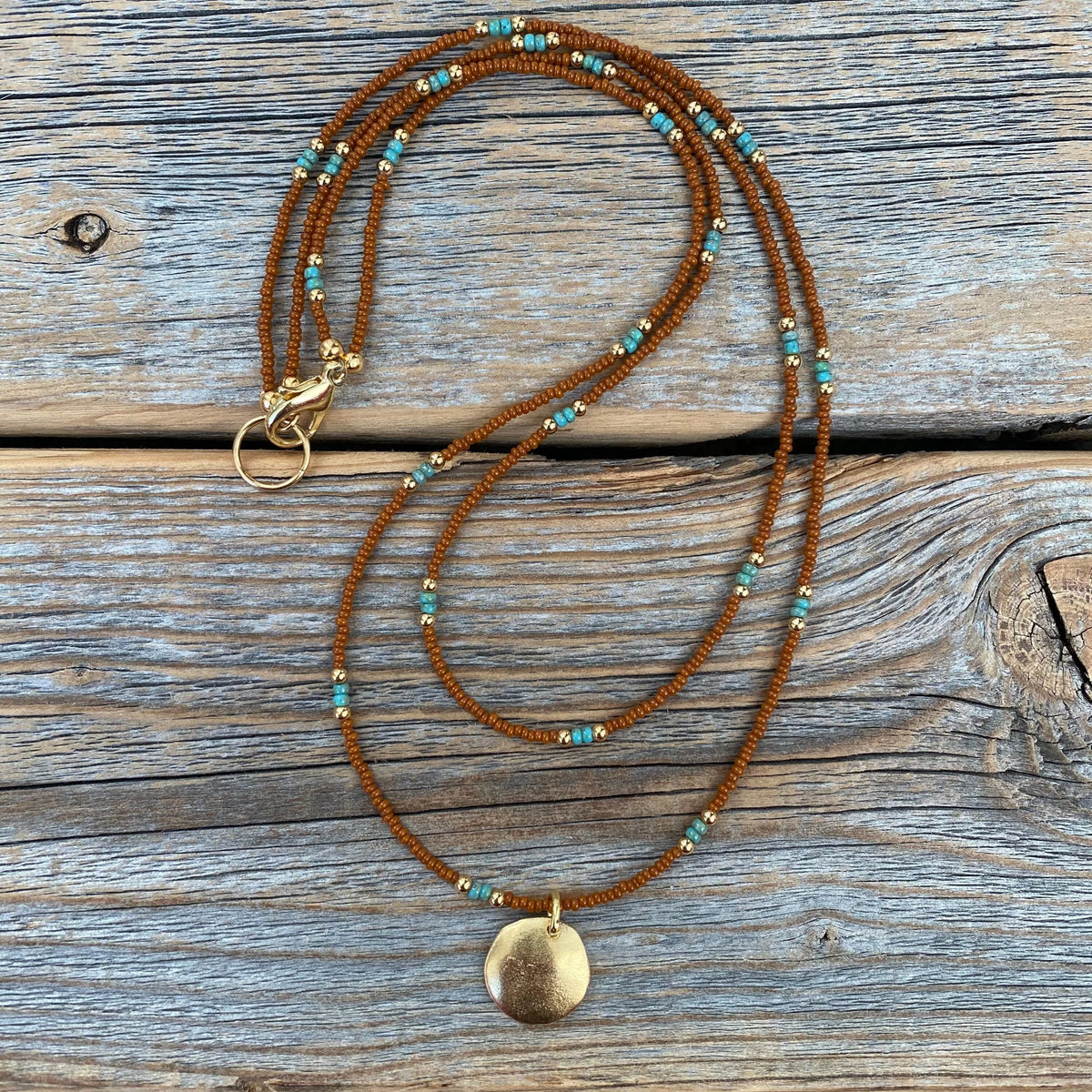 Beaded Layering Necklace – 10K Gold Pendant, Czech Glass Beads