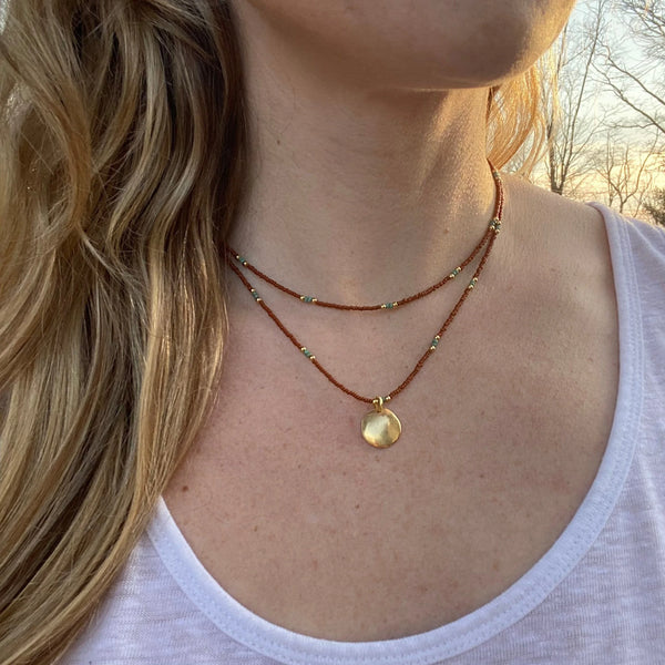 Beaded Layering Necklace – 10K Gold Pendant, Czech Glass Beads
