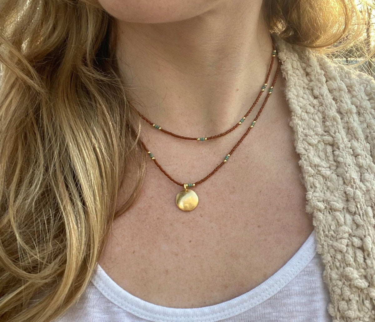 Beaded Layering Necklace – 10K Gold Pendant, Czech Glass Beads