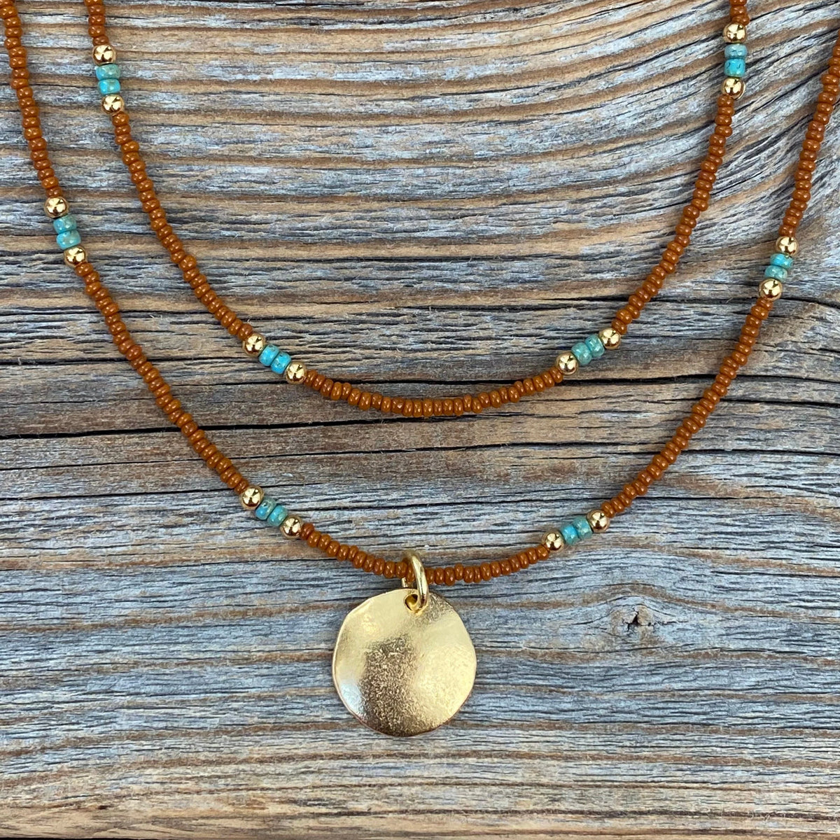 Beaded Layering Necklace – 10K Gold Pendant, Czech Glass Beads