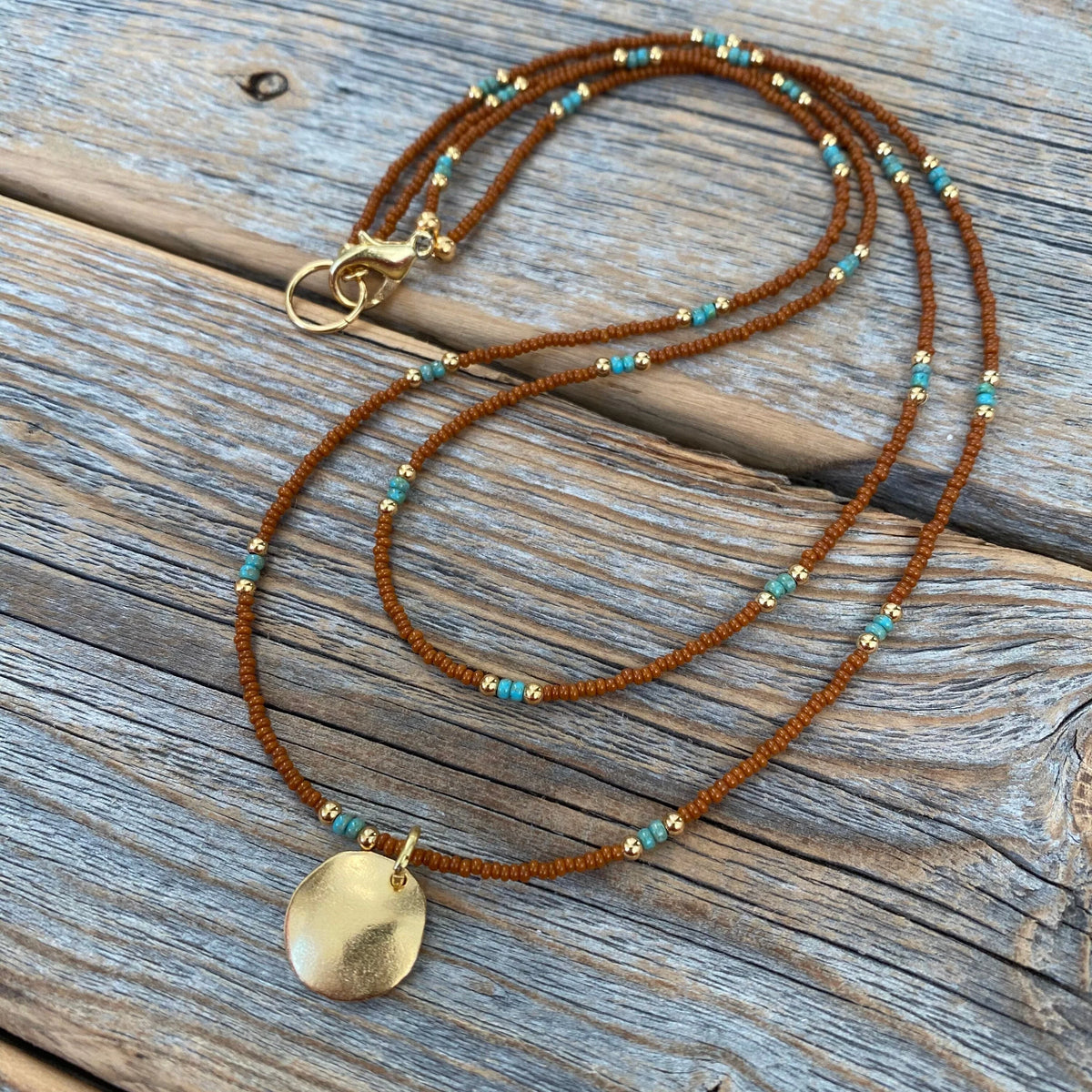 Beaded Layering Necklace – 10K Gold Pendant, Czech Glass Beads