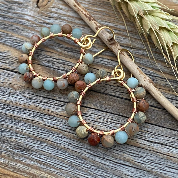 Beautiful African Opal Earrings, Colorful Hoop Earrings, Beaded Hoop Earrings, Wire Wrapped Jewelry,  Bohemian Earrings, Boho Jewelry