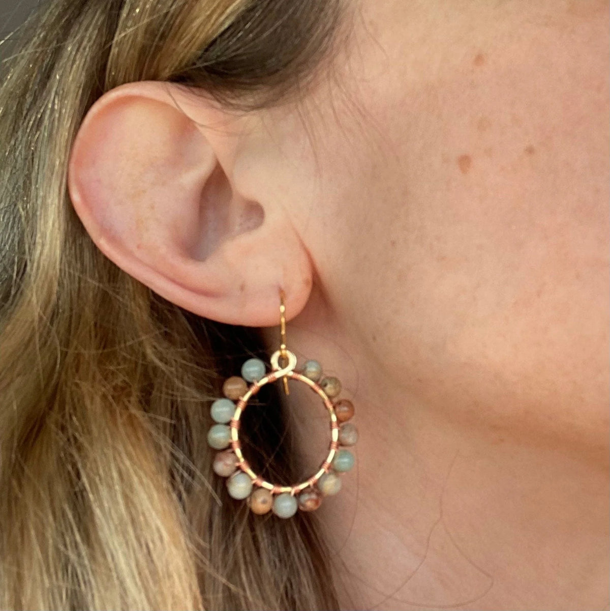 Beautiful African Opal Earrings, Colorful Hoop Earrings, Beaded Hoop Earrings, Wire Wrapped Jewelry,  Bohemian Earrings, Boho Jewelry