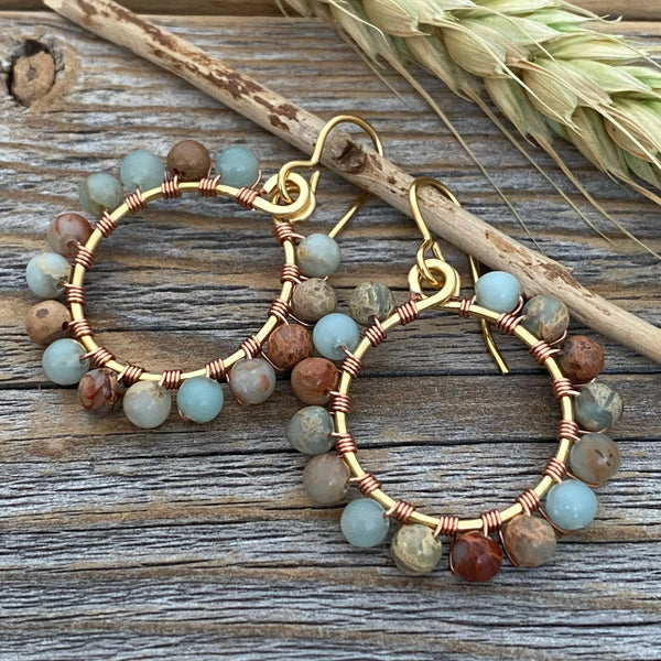 Beautiful African Opal Earrings, Colorful Hoop Earrings, Beaded Hoop Earrings, Wire Wrapped Jewelry,  Bohemian Earrings, Boho Jewelry