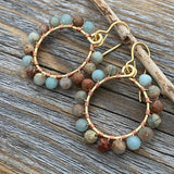 Beautiful African Opal Earrings, Colorful Hoop Earrings, Beaded Hoop Earrings, Wire Wrapped Jewelry,  Bohemian Earrings, Boho Jewelry