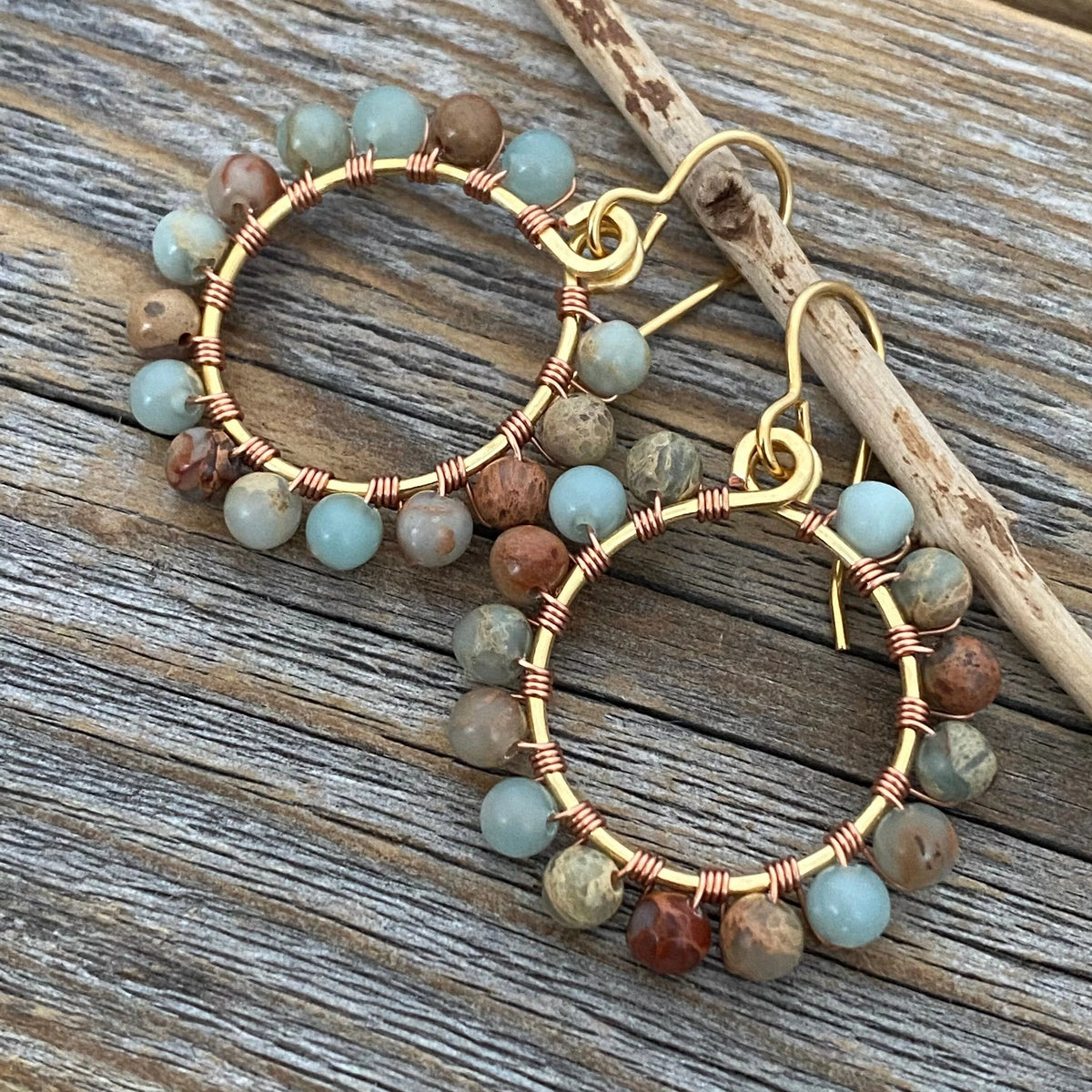 Beautiful African Opal Earrings, Colorful Hoop Earrings, Beaded Hoop Earrings, Wire Wrapped Jewelry,  Bohemian Earrings, Boho Jewelry