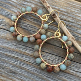 Beautiful African Opal Earrings, Colorful Hoop Earrings, Beaded Hoop Earrings, Wire Wrapped Jewelry,  Bohemian Earrings, Boho Jewelry