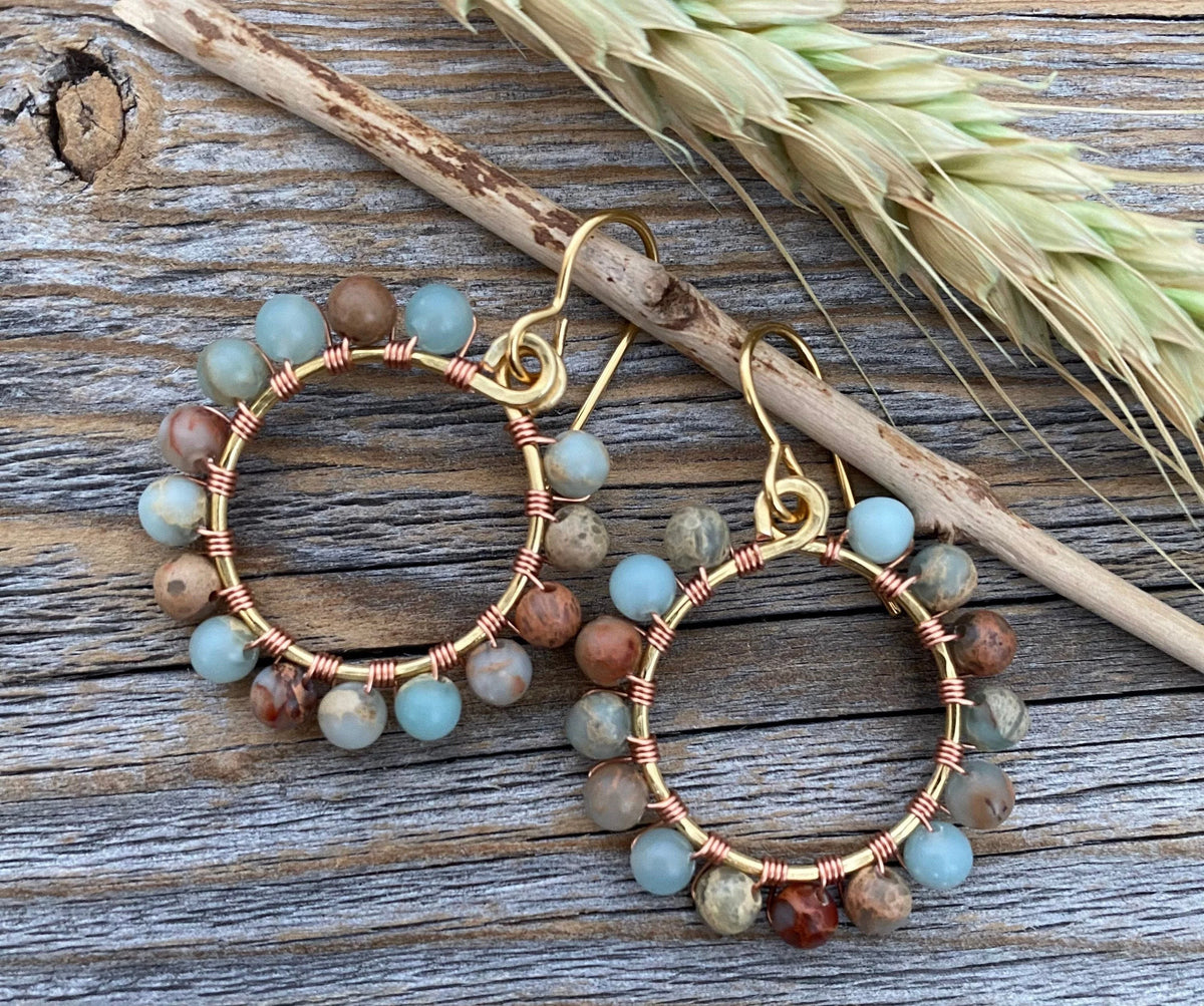 Beautiful African Opal Earrings, Colorful Hoop Earrings, Beaded Hoop Earrings, Wire Wrapped Jewelry,  Bohemian Earrings, Boho Jewelry