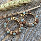 Beautiful African Opal Earrings, Colorful Hoop Earrings, Beaded Hoop Earrings, Wire Wrapped Jewelry,  Bohemian Earrings, Boho Jewelry
