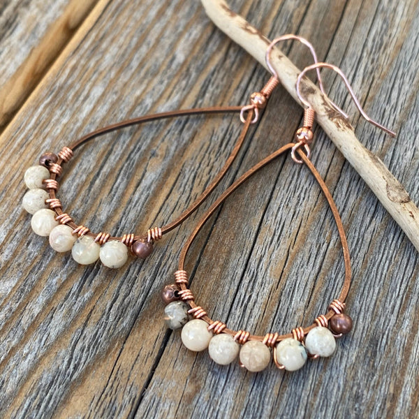 Beige African Opal Teardrop Earrings – Handmade Copper Wire Boho Jewelry