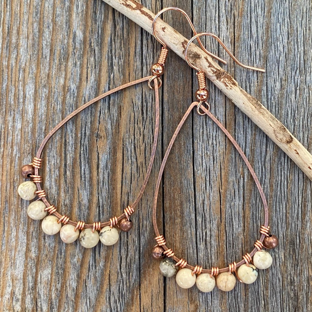 Beige African Opal Teardrop Earrings – Handmade Copper Wire Boho Jewelry