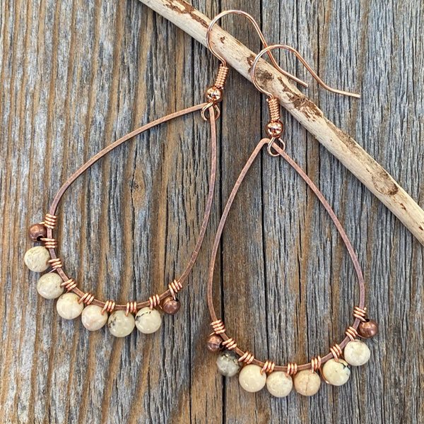 Beige African Opal Teardrop Earrings – Handmade Copper Wire Boho Jewelry