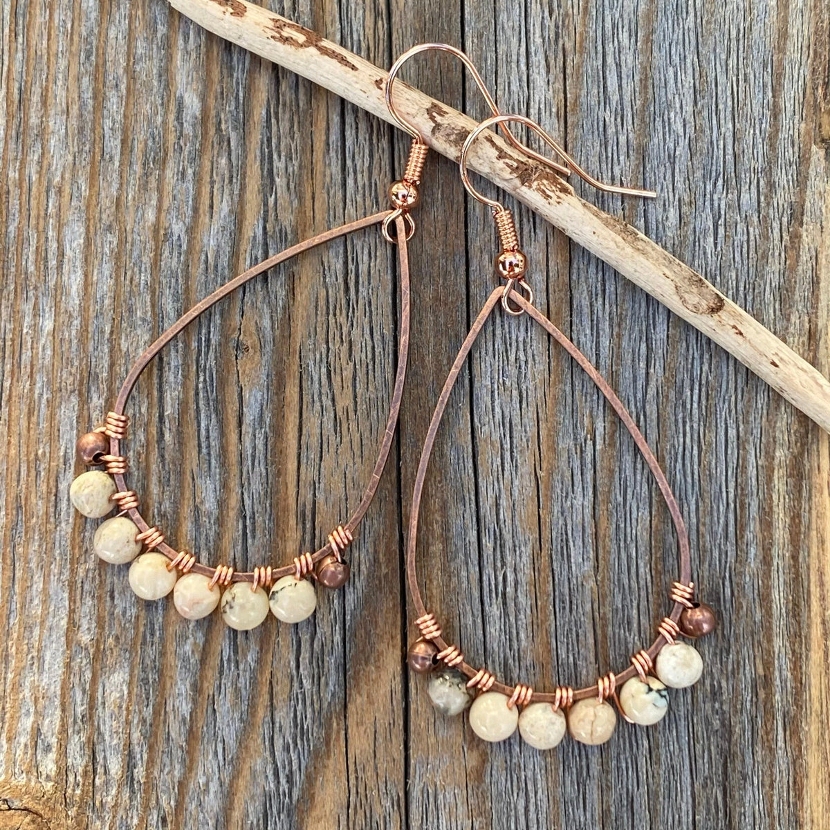 Beige African Opal Teardrop Earrings – Handmade Copper Wire Boho Jewelry