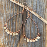 Beige African Opal Teardrop Earrings – Handmade Copper Wire Boho Jewelry