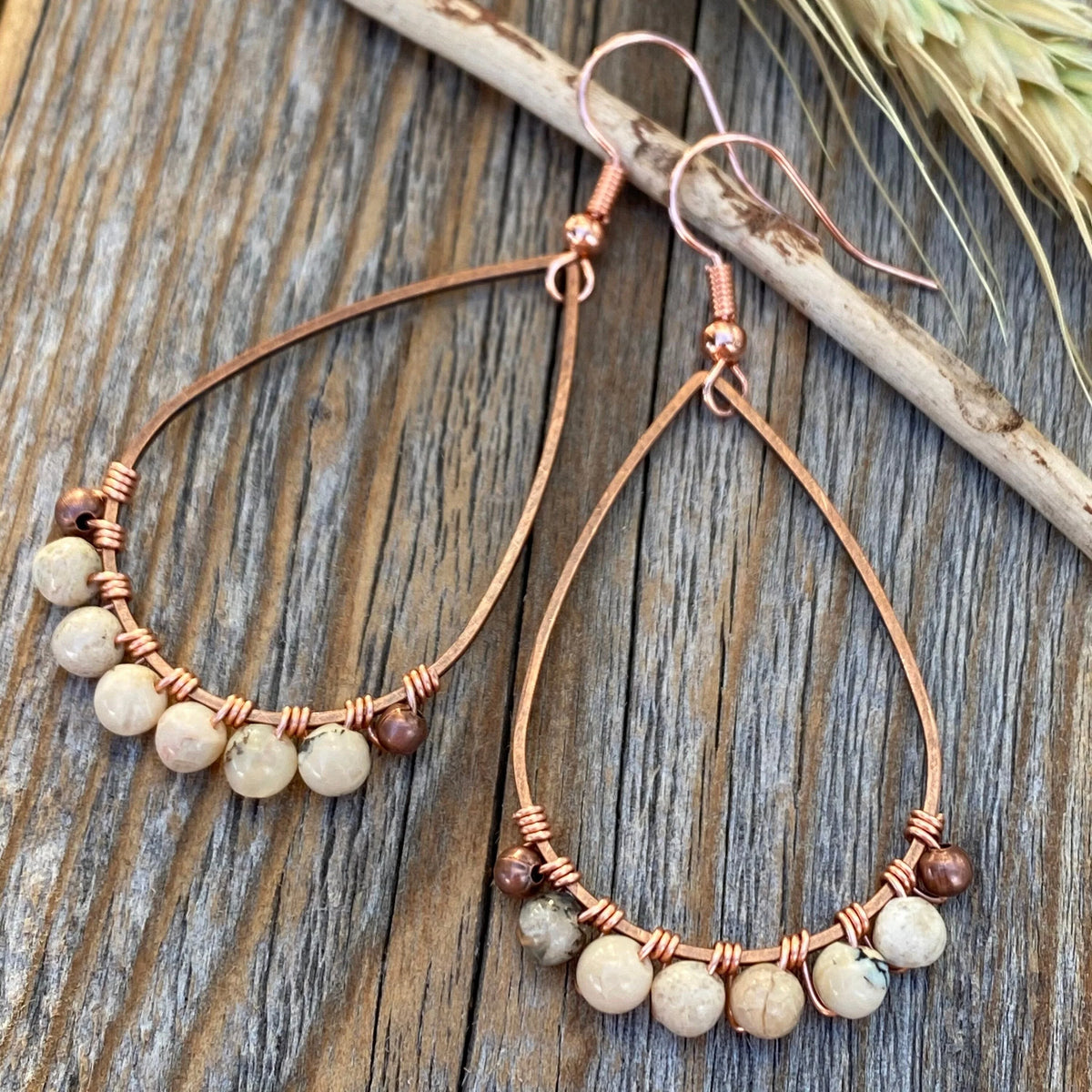 Beige African Opal Teardrop Earrings – Handmade Copper Wire Boho Jewelry