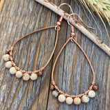 Beige African Opal Teardrop Earrings – Handmade Copper Wire Boho Jewelry