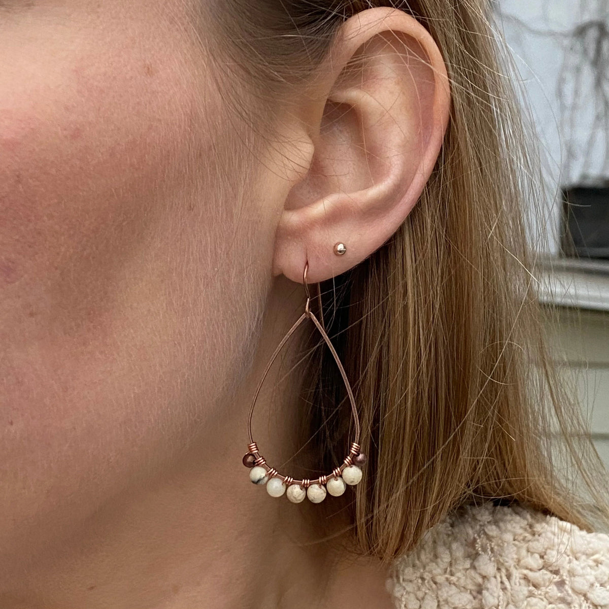 Beige African Opal Teardrop Earrings – Handmade Copper Wire Boho Jewelry