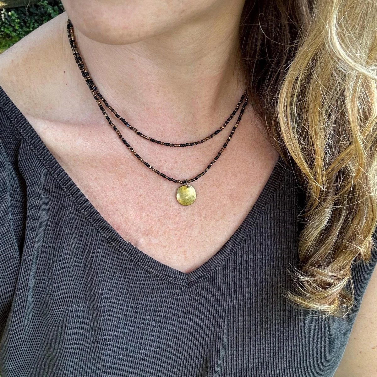 Black Bead Double Strand Necklace – Bronze Pendant, Boho Chic Jewelry