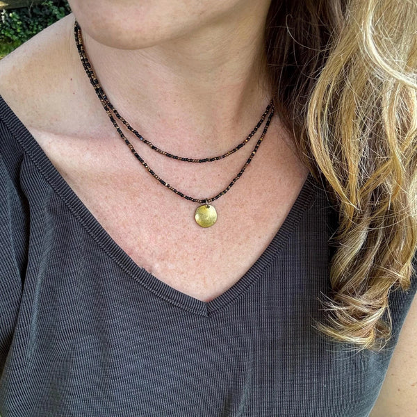 Black Bead Double Strand Necklace – Bronze Pendant, Boho Chic Jewelry